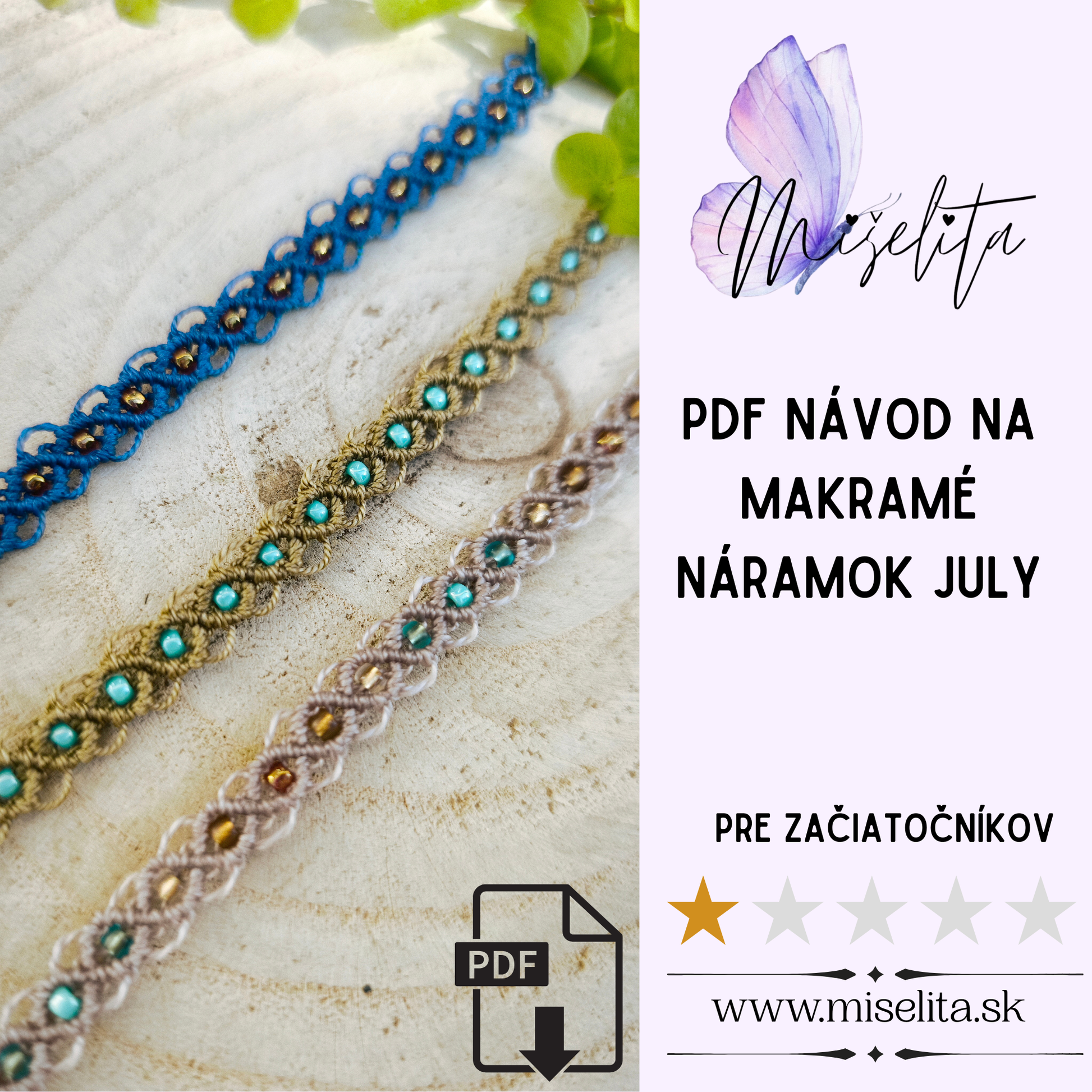 Makramé náramok "July" - univerzálna veľkosť - PDF fotonávod krok za krokom